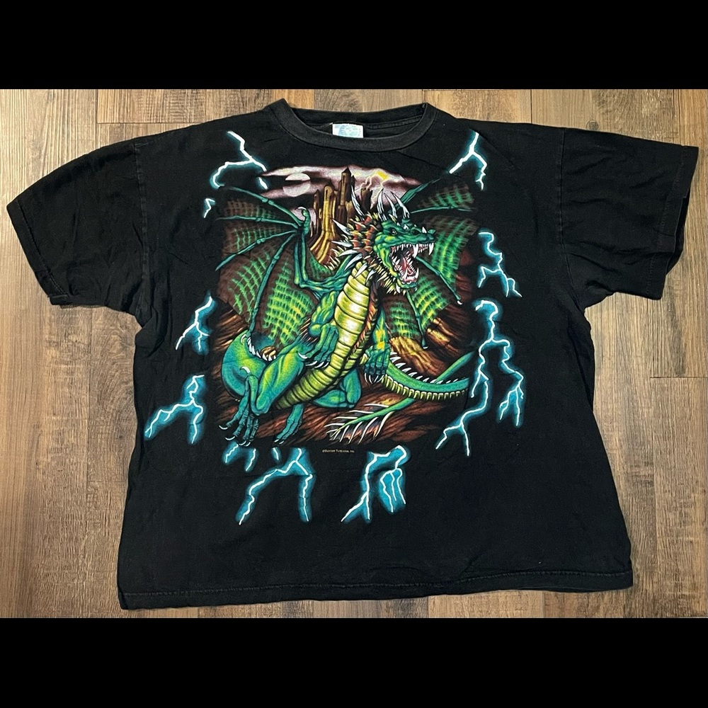 Vtg 90s American Thunder Shirt Dragon XXL Sportswear Single Stitch Sleeve